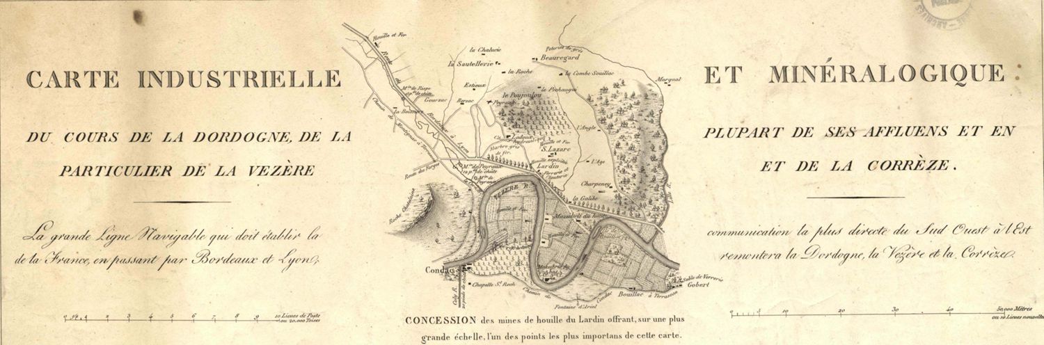Carte industrielle et minéralogique du cours de la Dordogne, de la plupart de ses affluens et en particulier de la Vézère et de la Corrèze, 1823 (1 Fi Dordogne 14/2).