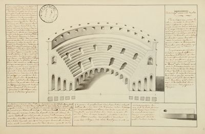 Coupe et vue intérieure des arènes de Périgueux. Bardon (?), d'après Beaumesnil, 1763-1772. AD 24, Ms 29