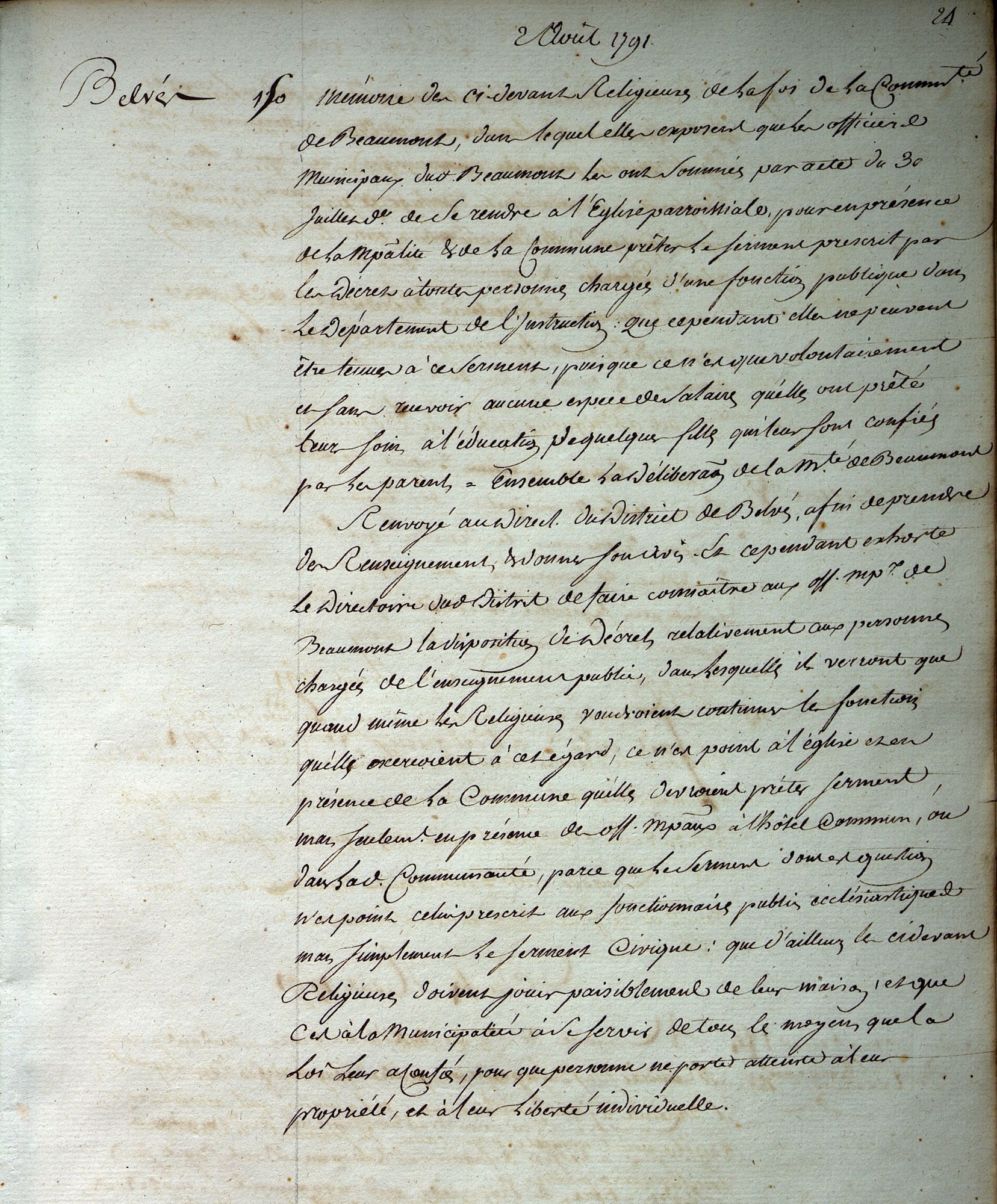 Pétition des Filles de la Foy, pétition n°150, 2 août 1791. 1 L 185