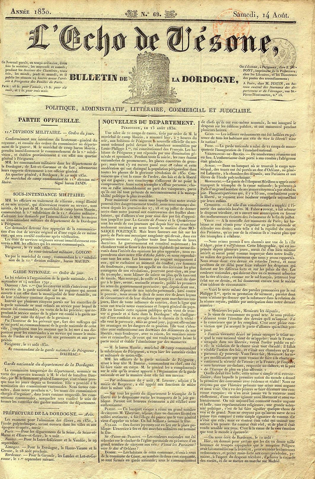 Écho de Vésone – 14 août 1830