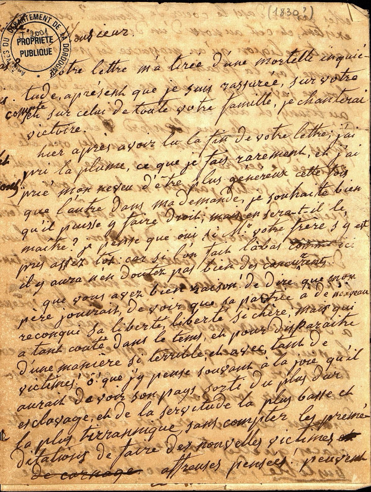 Lettre de Marie Grolhier, 1830. J 2001