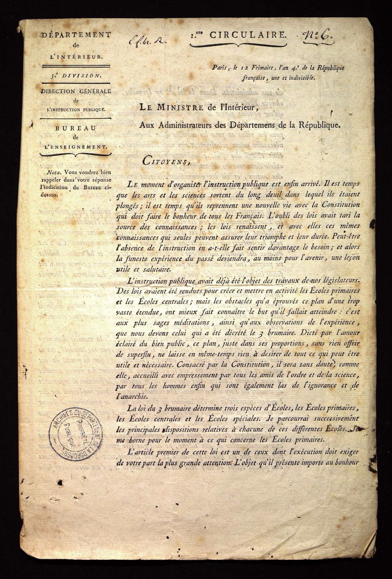 Circulaire du ministre de l'intérieur aux préfets concernant la loi du 3 brumaire an IV (25 octobre 1795). 1 L 594.