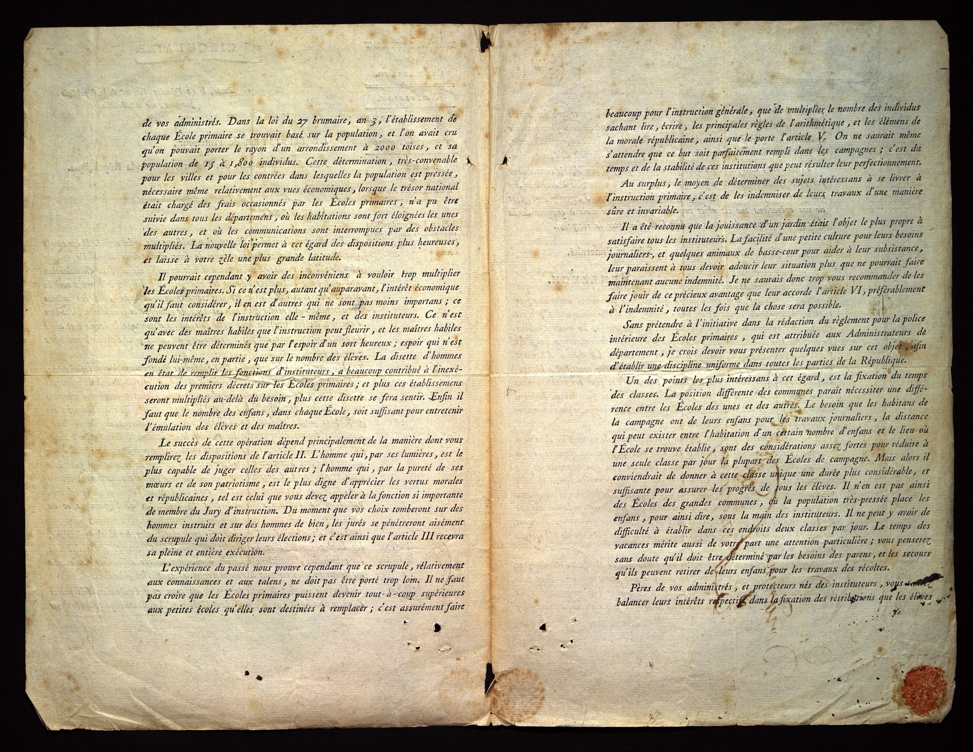Circulaire du ministre de l'intérieur aux préfets concernant la loi du 3 brumaire an IV (25 octobre 1795). 1 L 594.