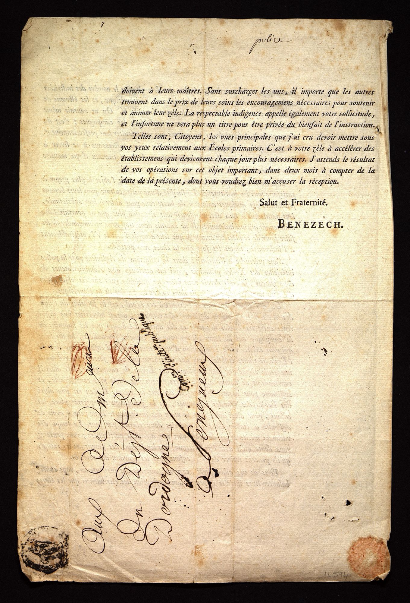 Circulaire du ministre de l'intérieur aux préfets concernant la loi du 3 brumaire an IV (25 octobre 1795). 1 L 594.