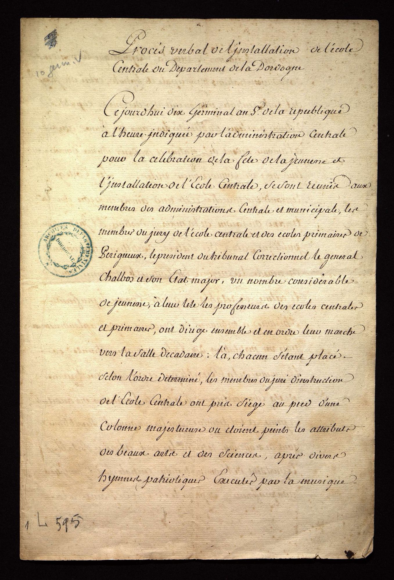 Procès-verbal d'installation (10 germinal an V -  30 mars 1797). 1 L 595