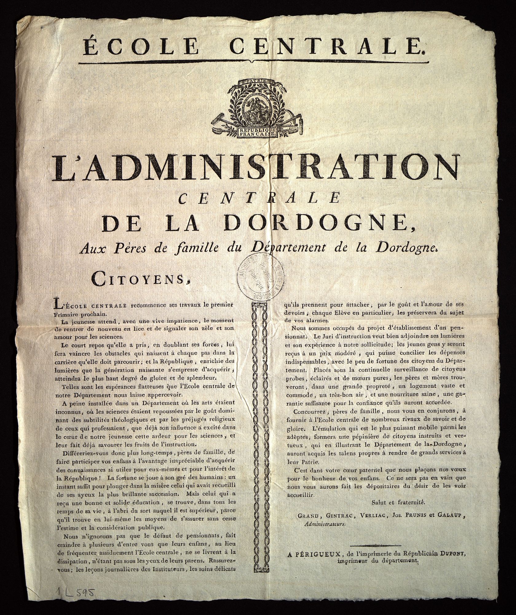 Affiche (an VIII - 1800). 1 L 595