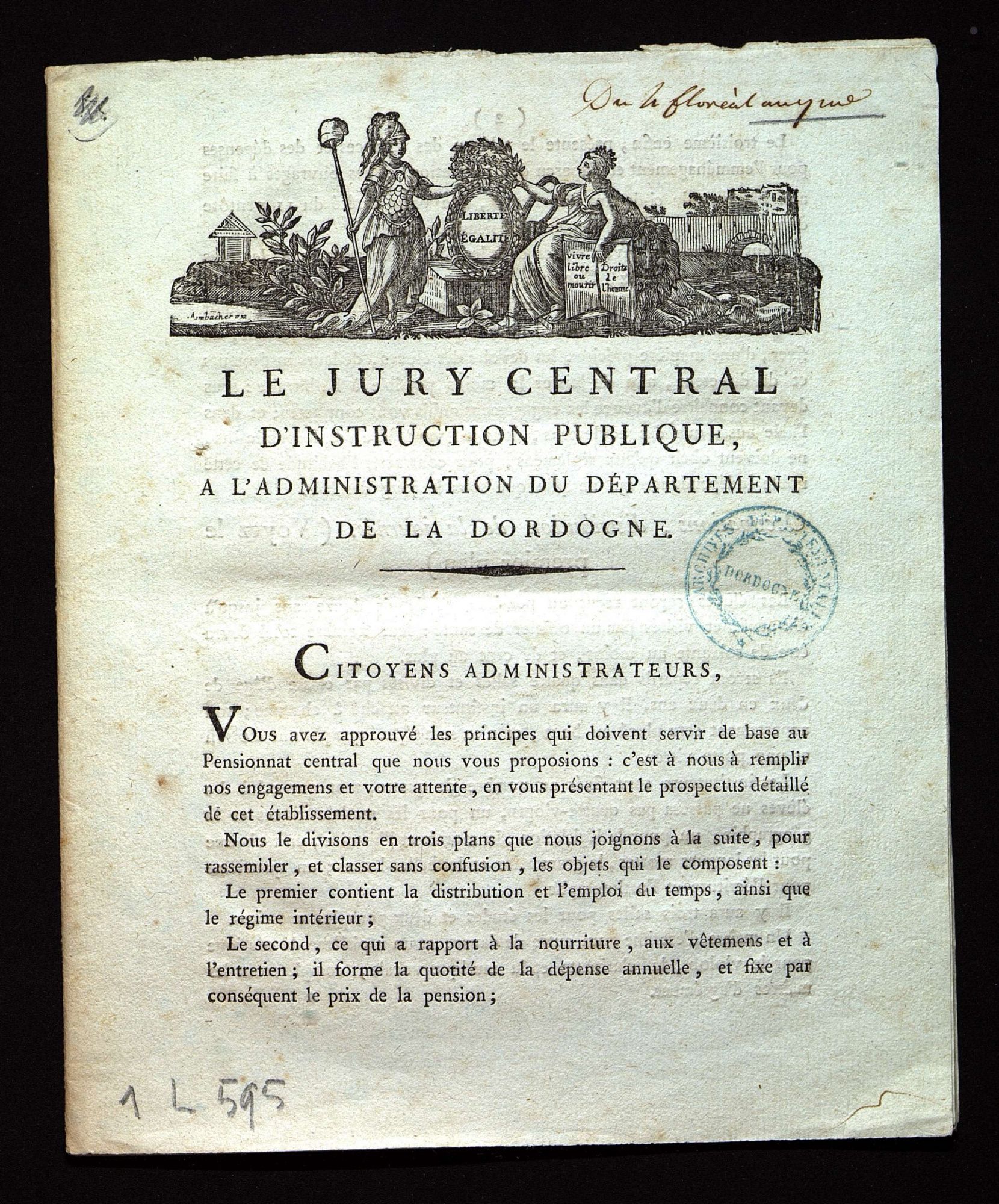 Régime intérieur, dépenses, emploi du temps, réparations (floréal an VII - avril 1799). 1 L 595