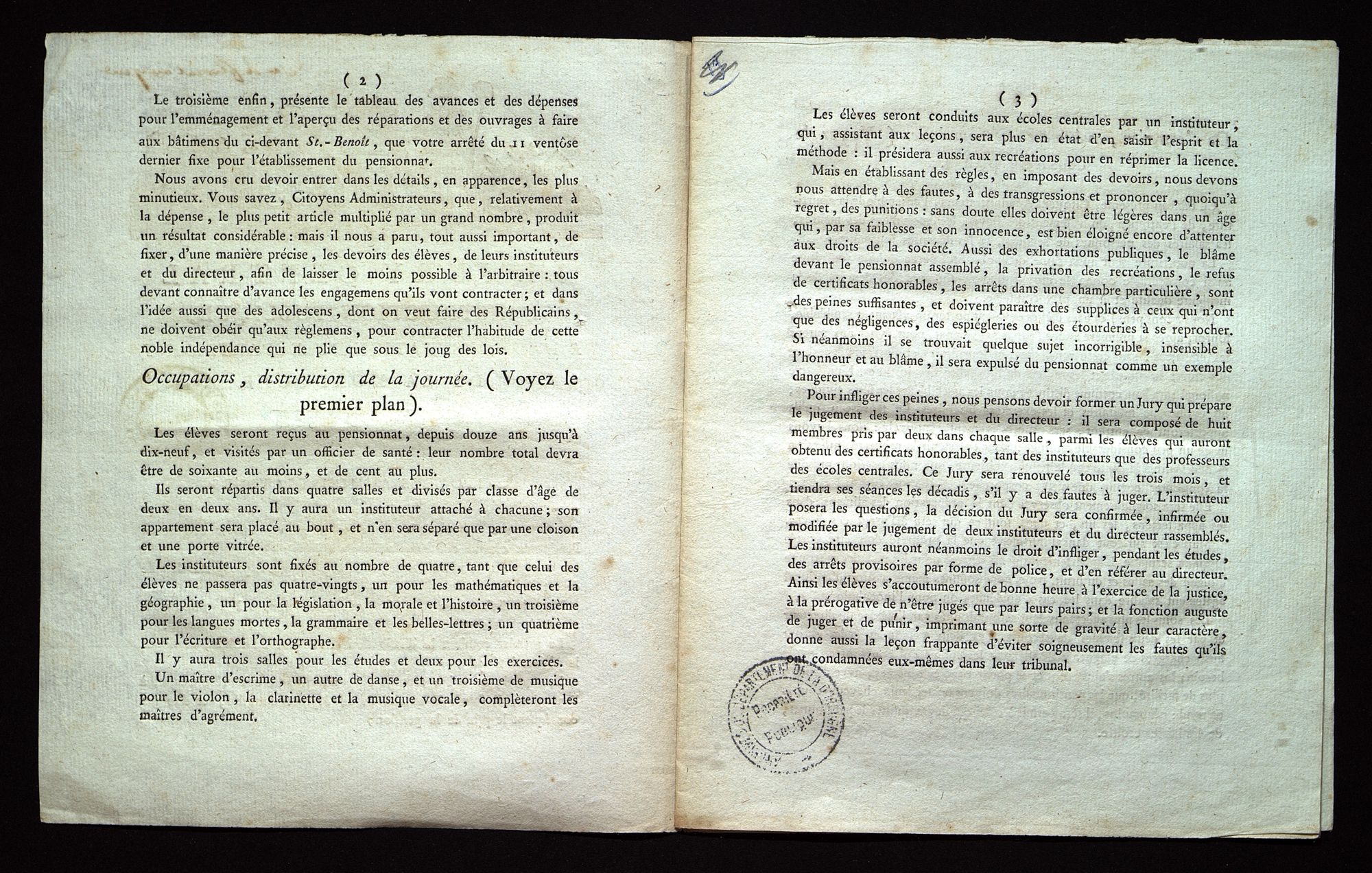 Régime intérieur, dépenses, emploi du temps, réparations (floréal an VII - avril 1799). 1 L 595