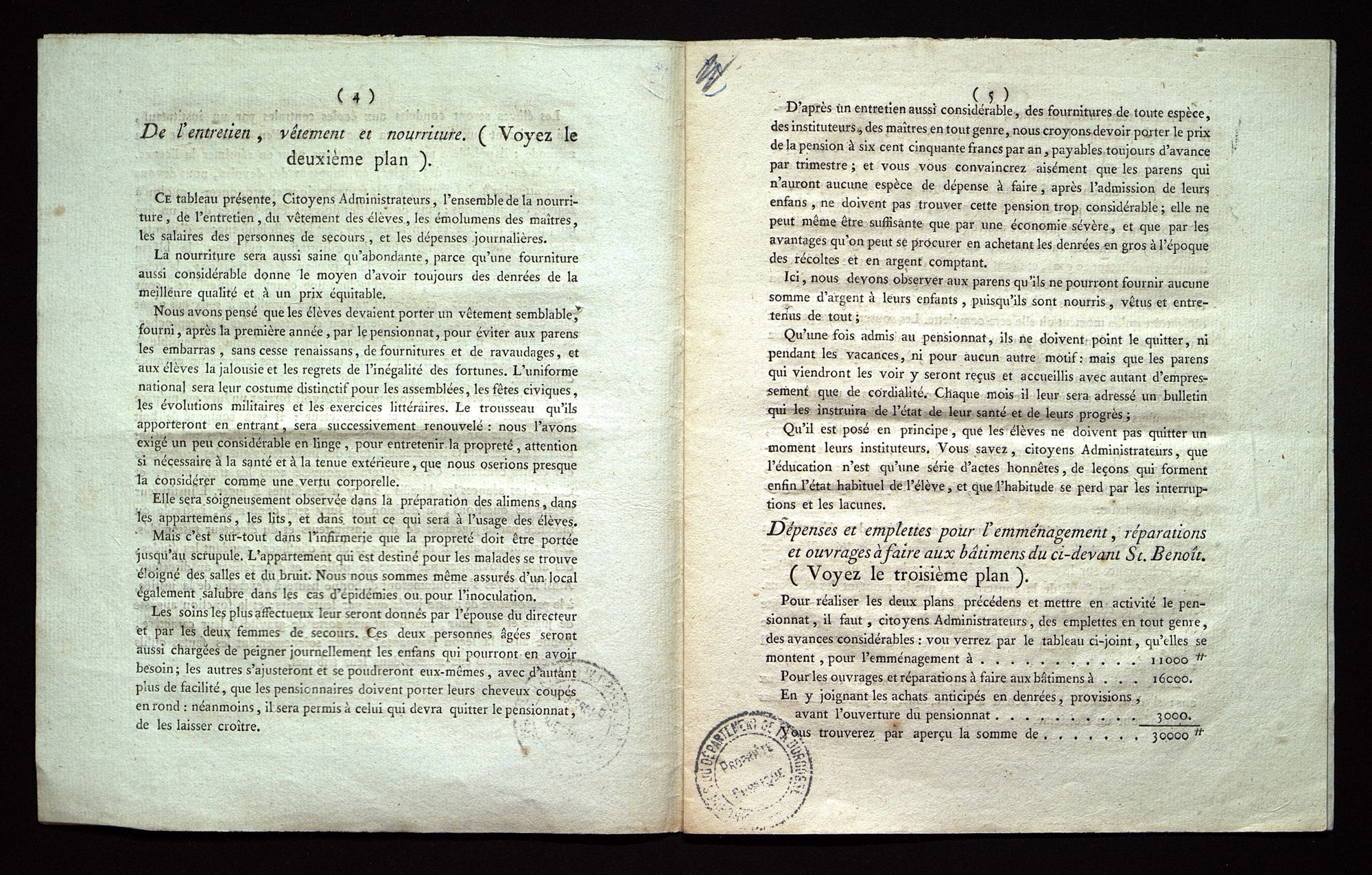 Régime intérieur, dépenses, emploi du temps, réparations (floréal an VII - avril 1799). 1 L 595