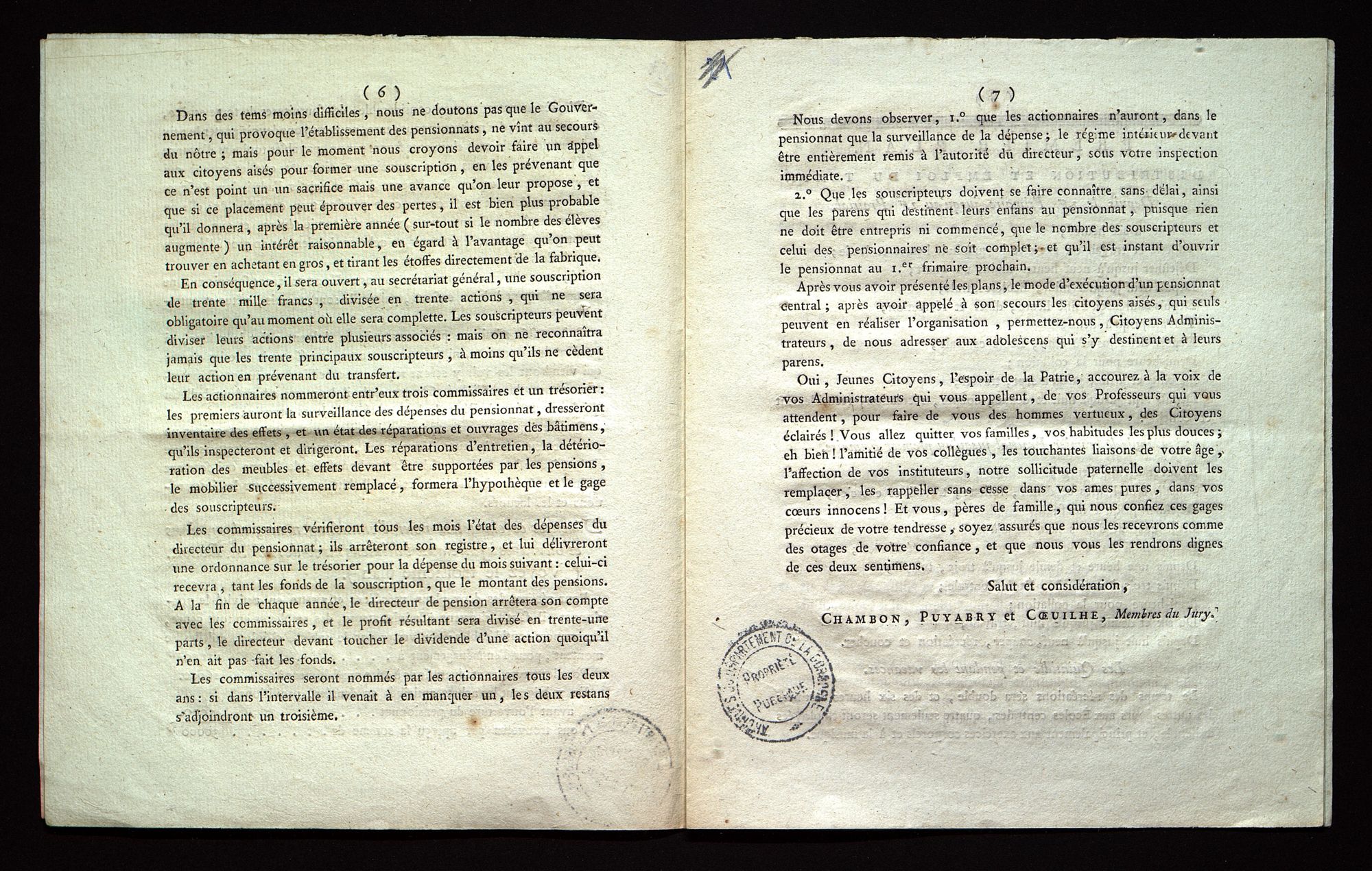 Régime intérieur, dépenses, emploi du temps, réparations (floréal an VII - avril 1799). 1 L 595