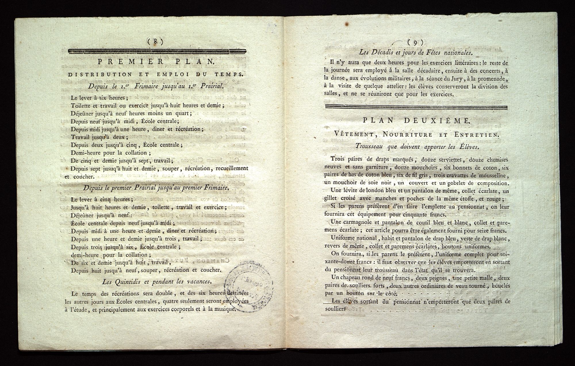 Régime intérieur, dépenses, emploi du temps, réparations (floréal an VII - avril 1799). 1 L 595