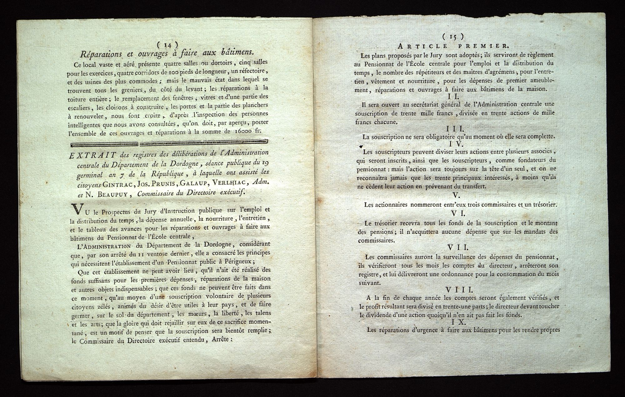 Régime intérieur, dépenses, emploi du temps, réparations (floréal an VII - avril 1799). 1 L 595