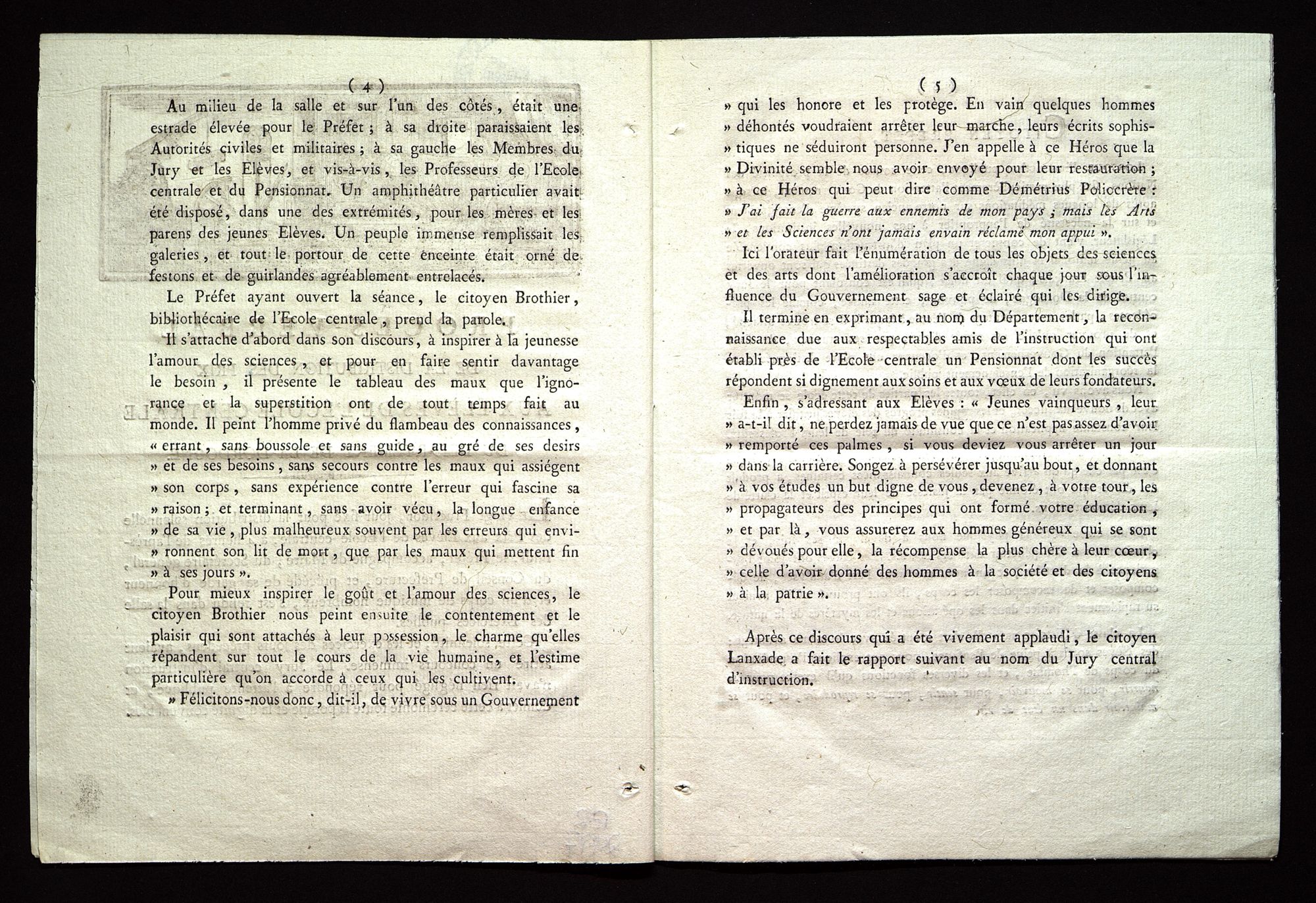 Procès-verbal de la distribution des prix aux élèves de l'école centrale du département de la Dordogne. Le 20 Fructidor, an X de la République française, une et indivisible. BR 2997