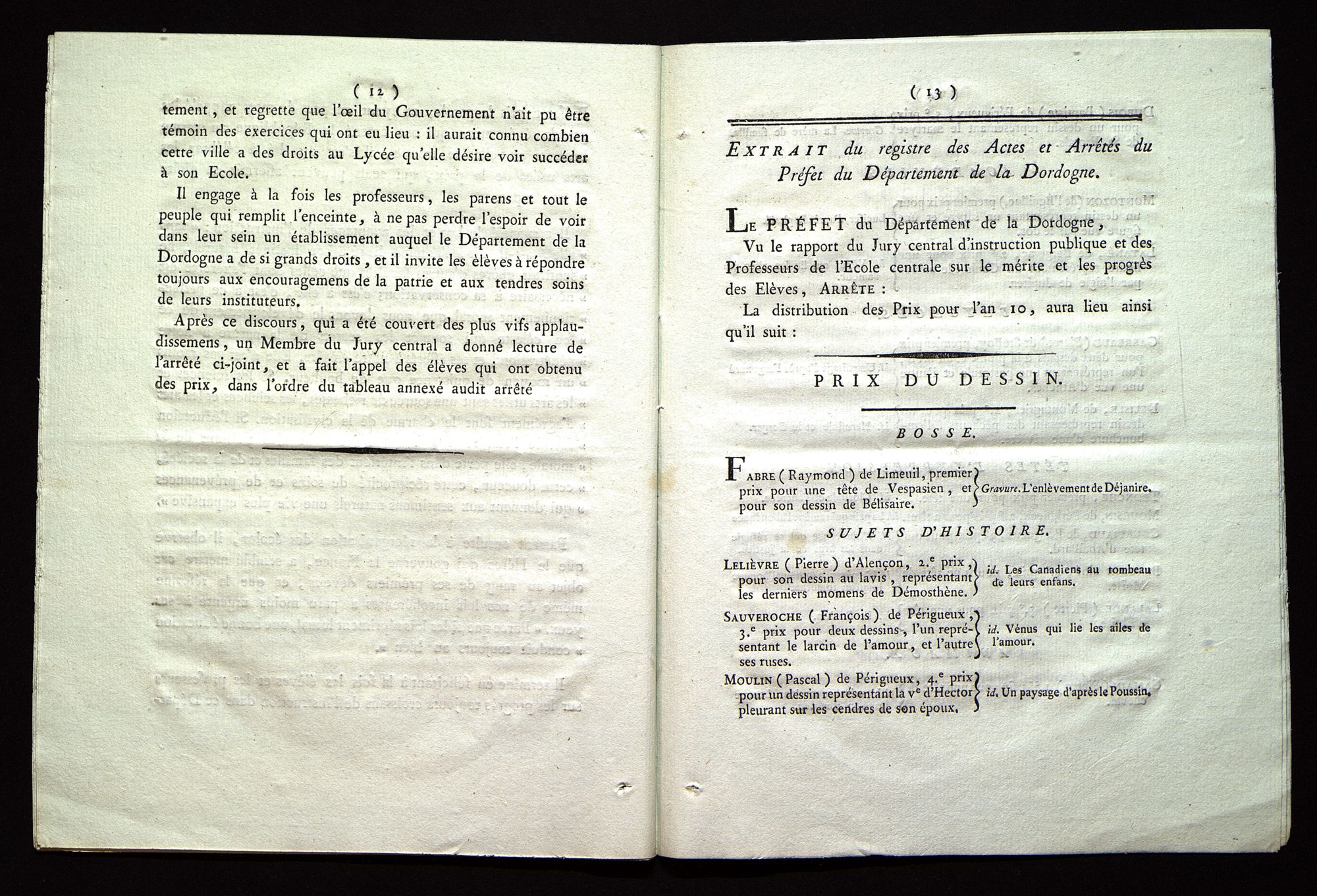 Procès-verbal de la distribution des prix aux élèves de l'école centrale du département de la Dordogne. Le 20 Fructidor, an X de la République française, une et indivisible. BR 2997