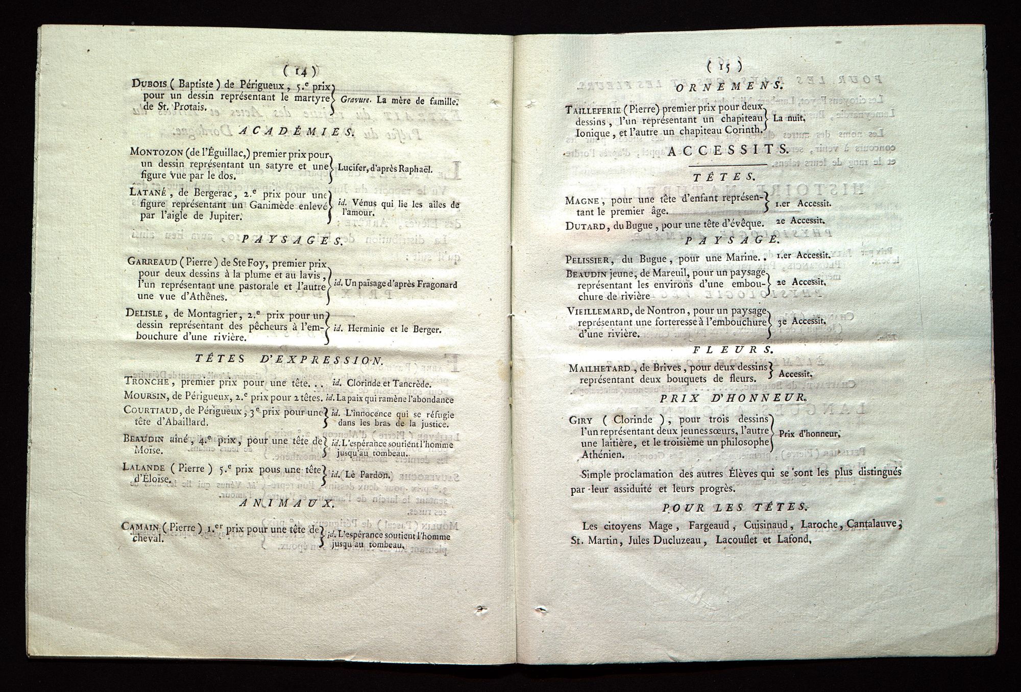 Procès-verbal de la distribution des prix aux élèves de l'école centrale du département de la Dordogne. Le 20 Fructidor, an X de la République française, une et indivisible. BR 2997