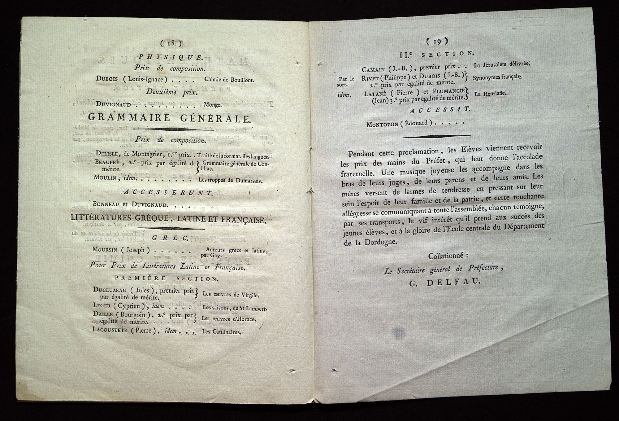 Procès-verbal de la distribution des prix aux élèves de l'école centrale du département de la Dordogne. Le 20 Fructidor, an X de la République française, une et indivisible. BR 2997