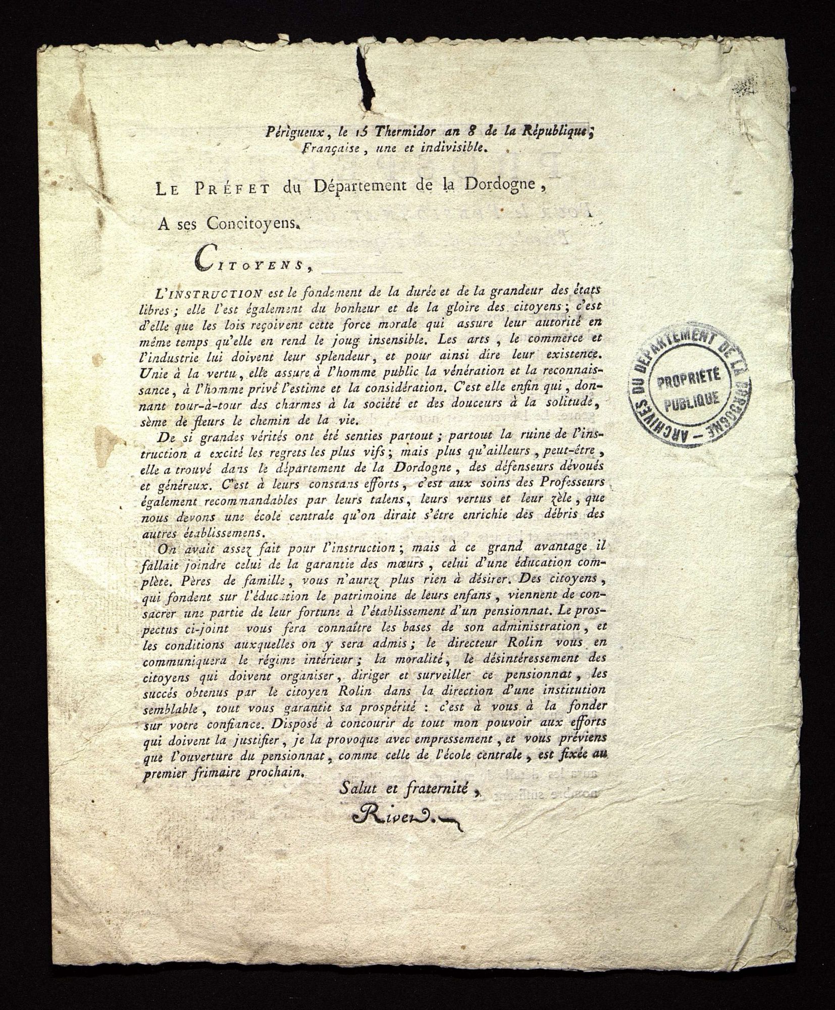Prospectus pour le pensionnat établi à Périgueux près de l'École Centrale (Périgueux, Canler, thermidor an VIII). J 1901