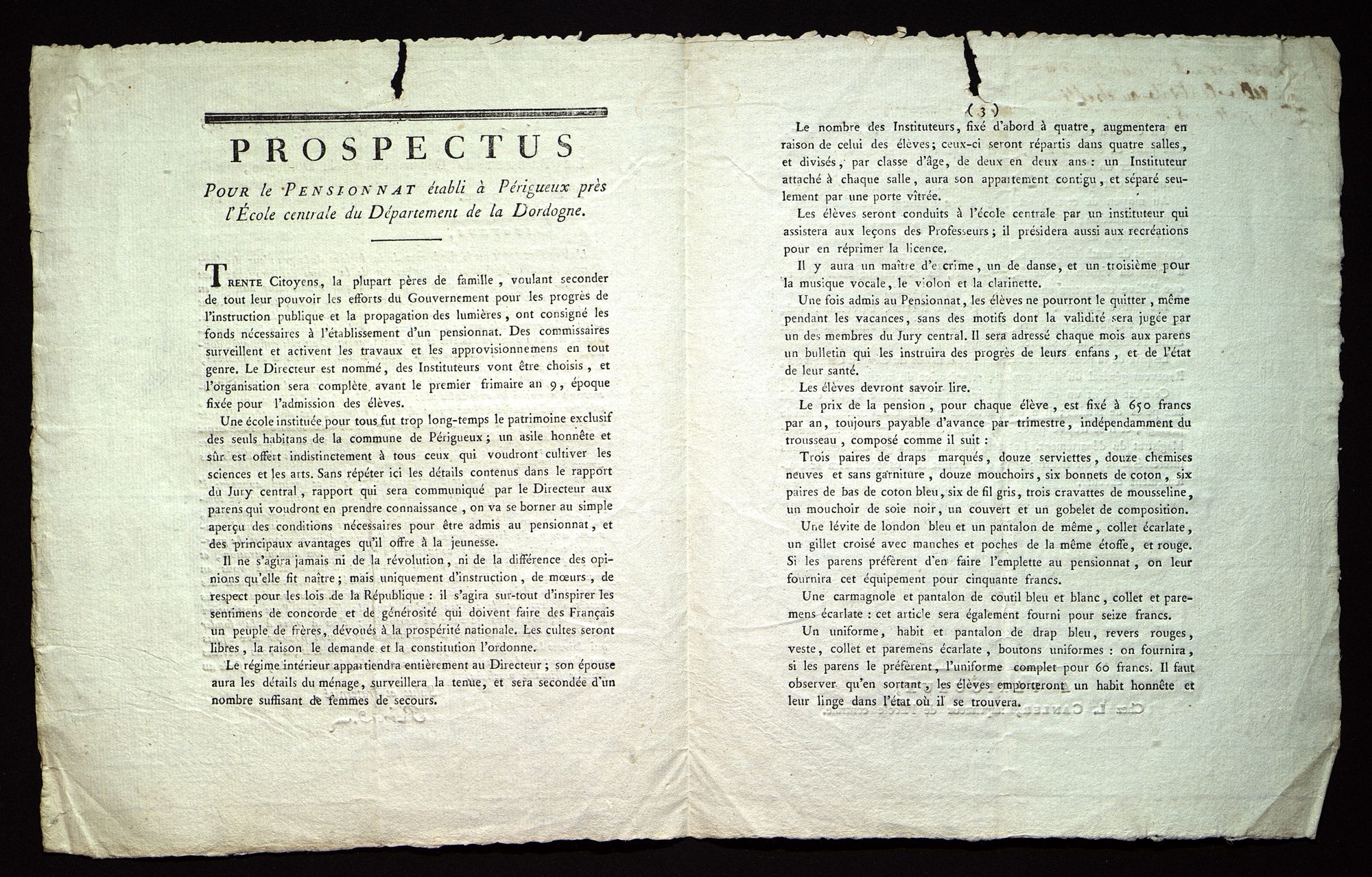 Prospectus pour le pensionnat établi à Périgueux près de l'École Centrale (Périgueux, Canler, thermidor an VIII). J 1901