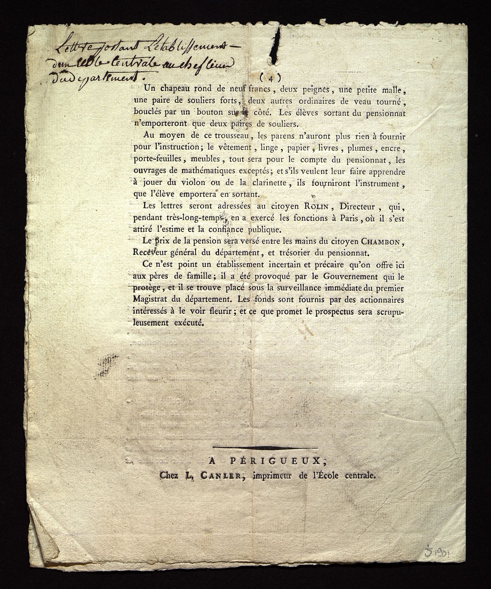 Prospectus pour le pensionnat établi à Périgueux près de l'École Centrale (Périgueux, Canler, thermidor an VIII). J 1901