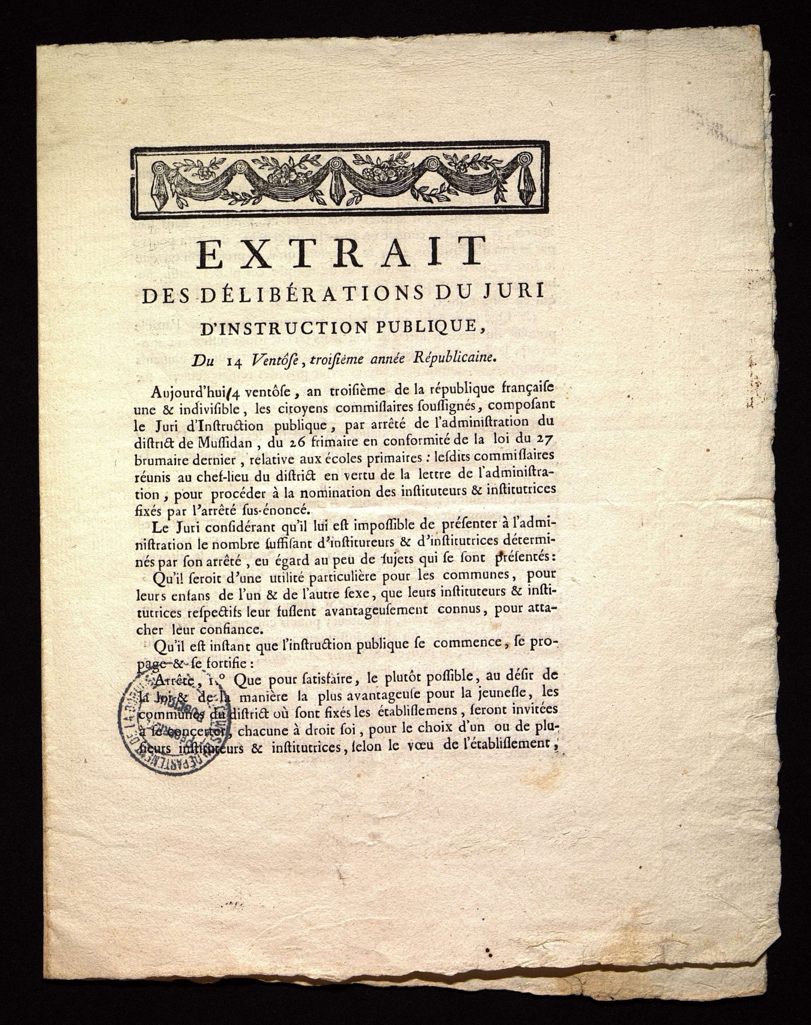 Extrait des délibérations du jury d'instruction publique, nomination d'instituteurs et institutrices [imprimé] (14 ventôse an III - 4 mars 1795). 6 L 66