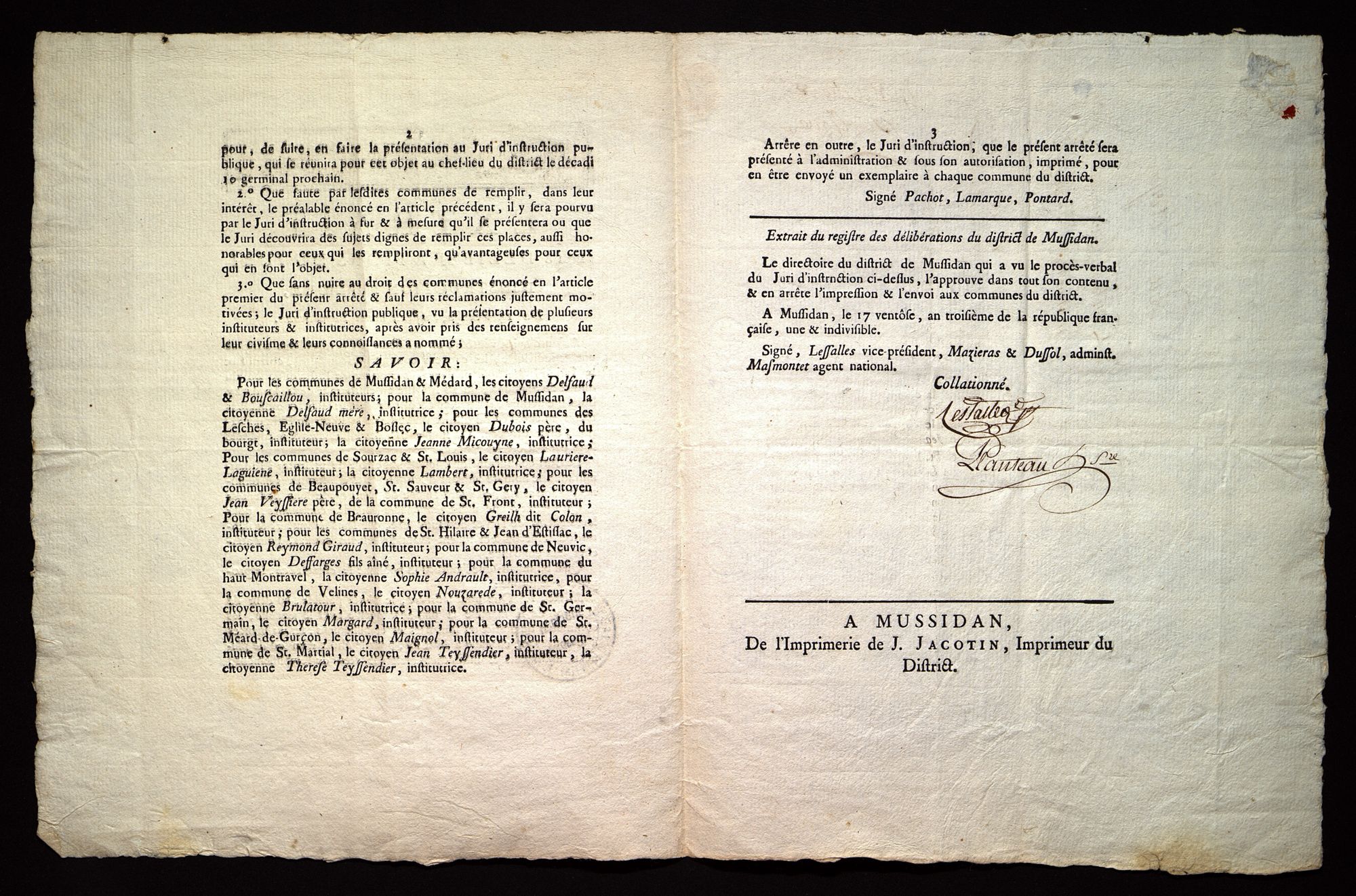 Extrait des délibérations du jury d'instruction publique, nomination d'instituteurs et institutrices [imprimé] (14 ventôse an III - 4 mars 1795). 6 L 66