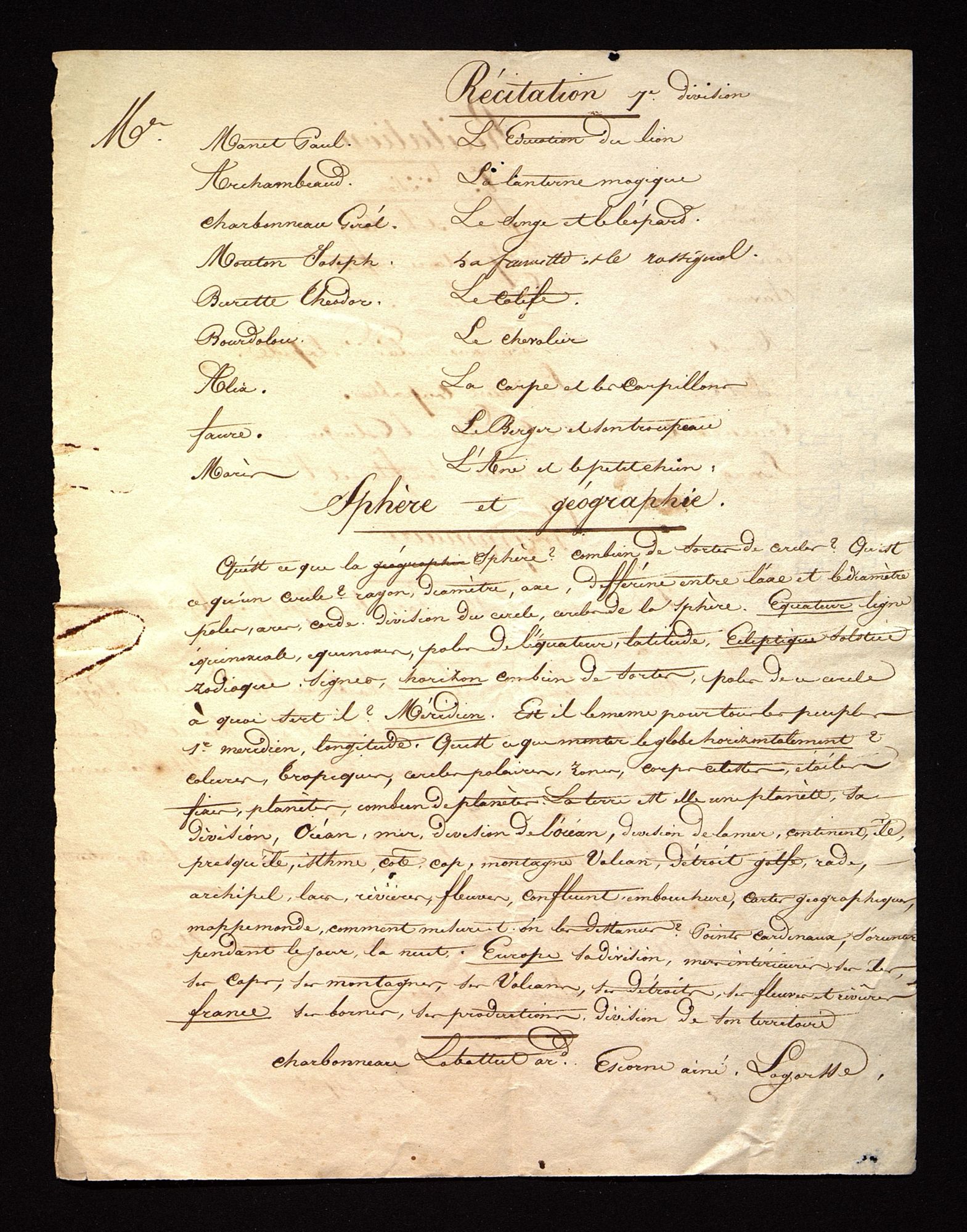 Programme d'une journée de travail à l'école du Bugue [vers 1835]. 149 J 38
