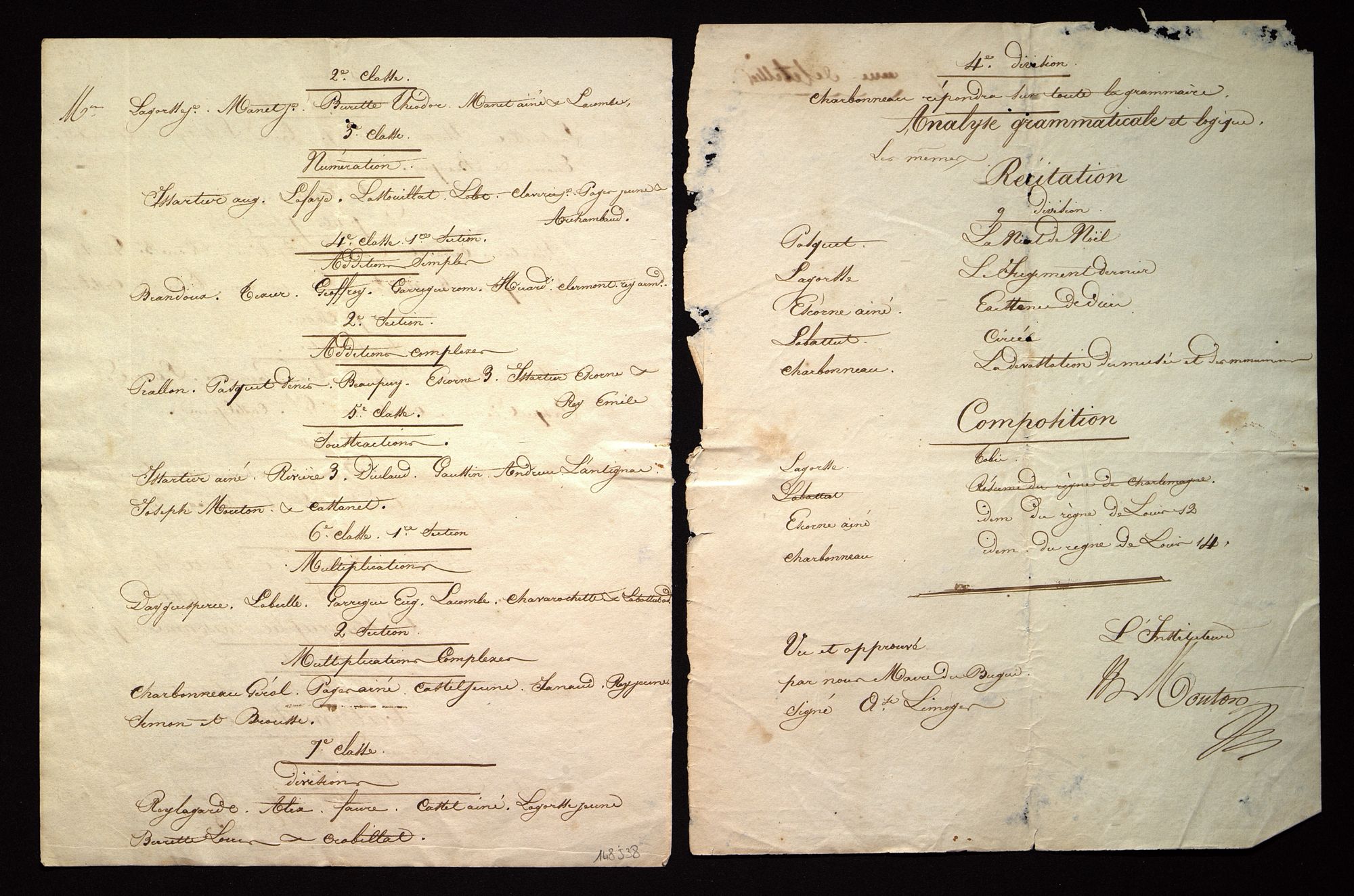 Programme d'une journée de travail à l'école du Bugue [vers 1835]. 149 J 38