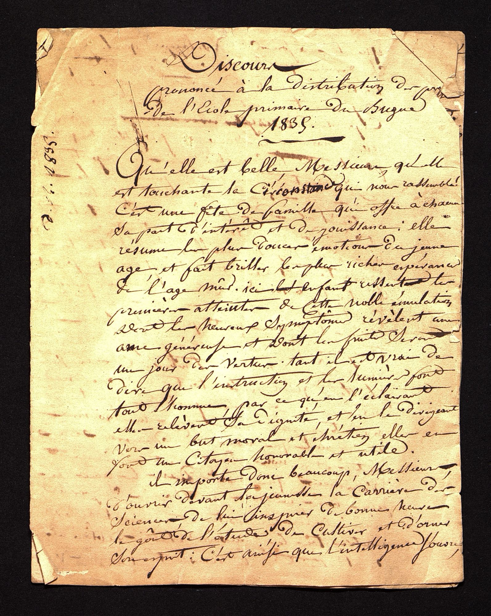 Discours prononcé par le curé Cosse à la remise des prix de l'école du Bugue [vers 1835]. 148 J 35