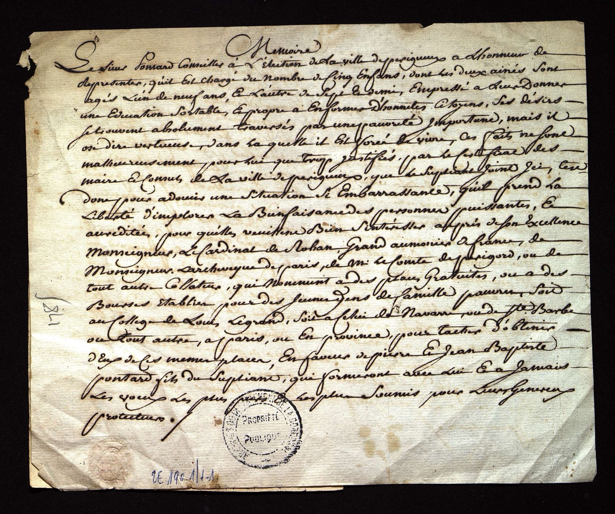 Pontard. Demande de bourses pour l'instruction de ses enfants (1785). 2 E 1901/1