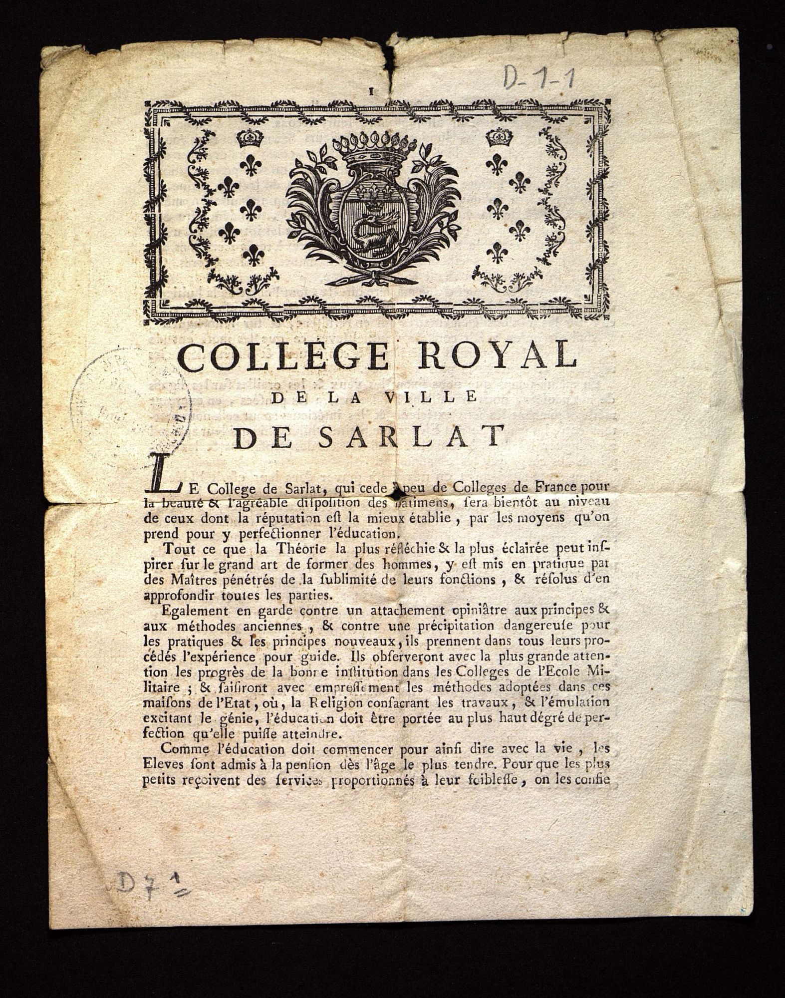 Collège de Sarlat. Prospectus imprimé (XVIIIe siècle).  D 7
