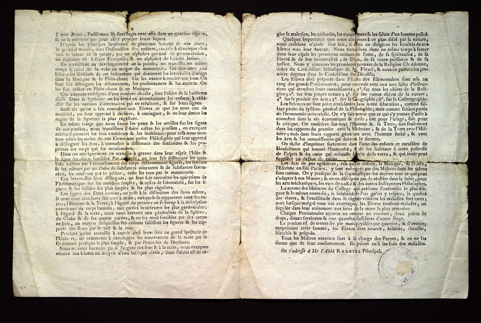 Collège de Sarlat. Prospectus imprimé (XVIIIe siècle).  D 7