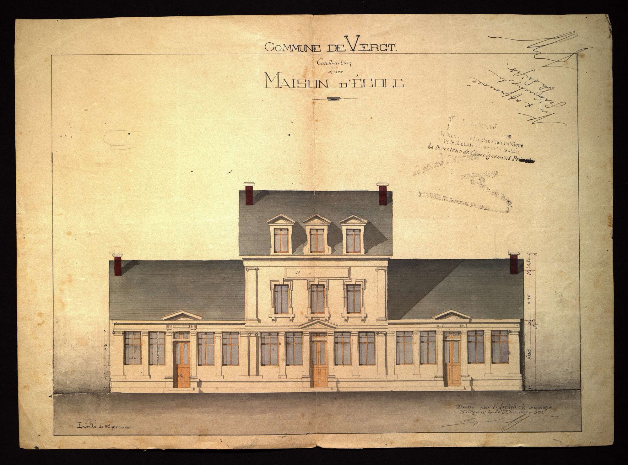 Plan et dessin de la façade, école de Vergt (1881). 10 O 571
