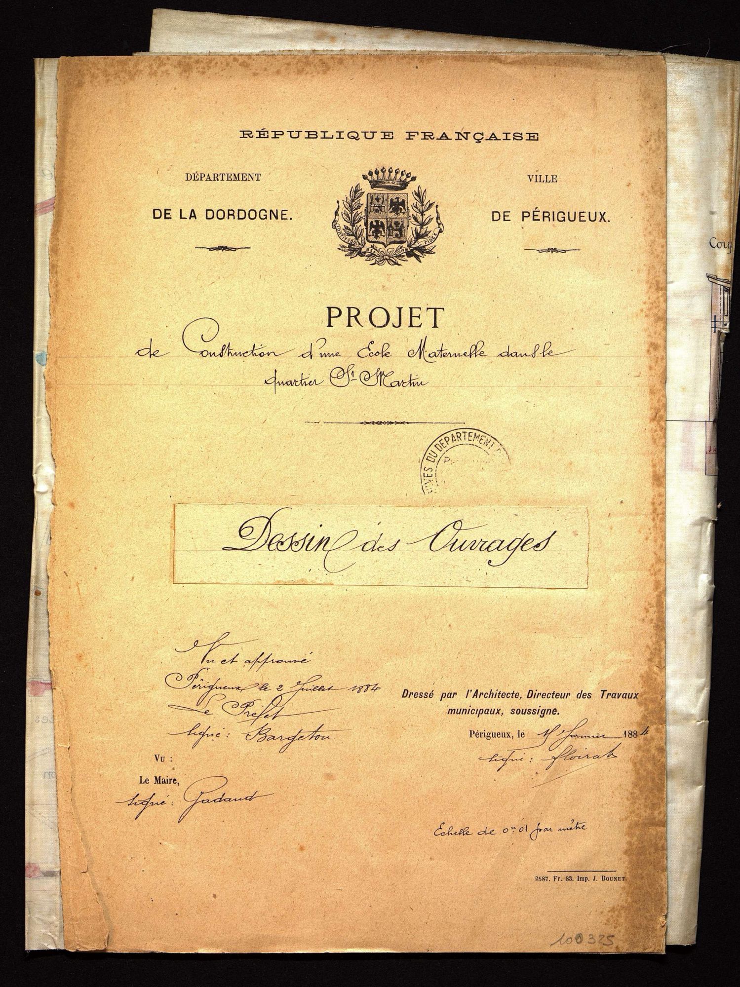 Projet de construction d'une école maternelle, quartier Saint-Martin à Périgueux : plans (1884). 10 O 325