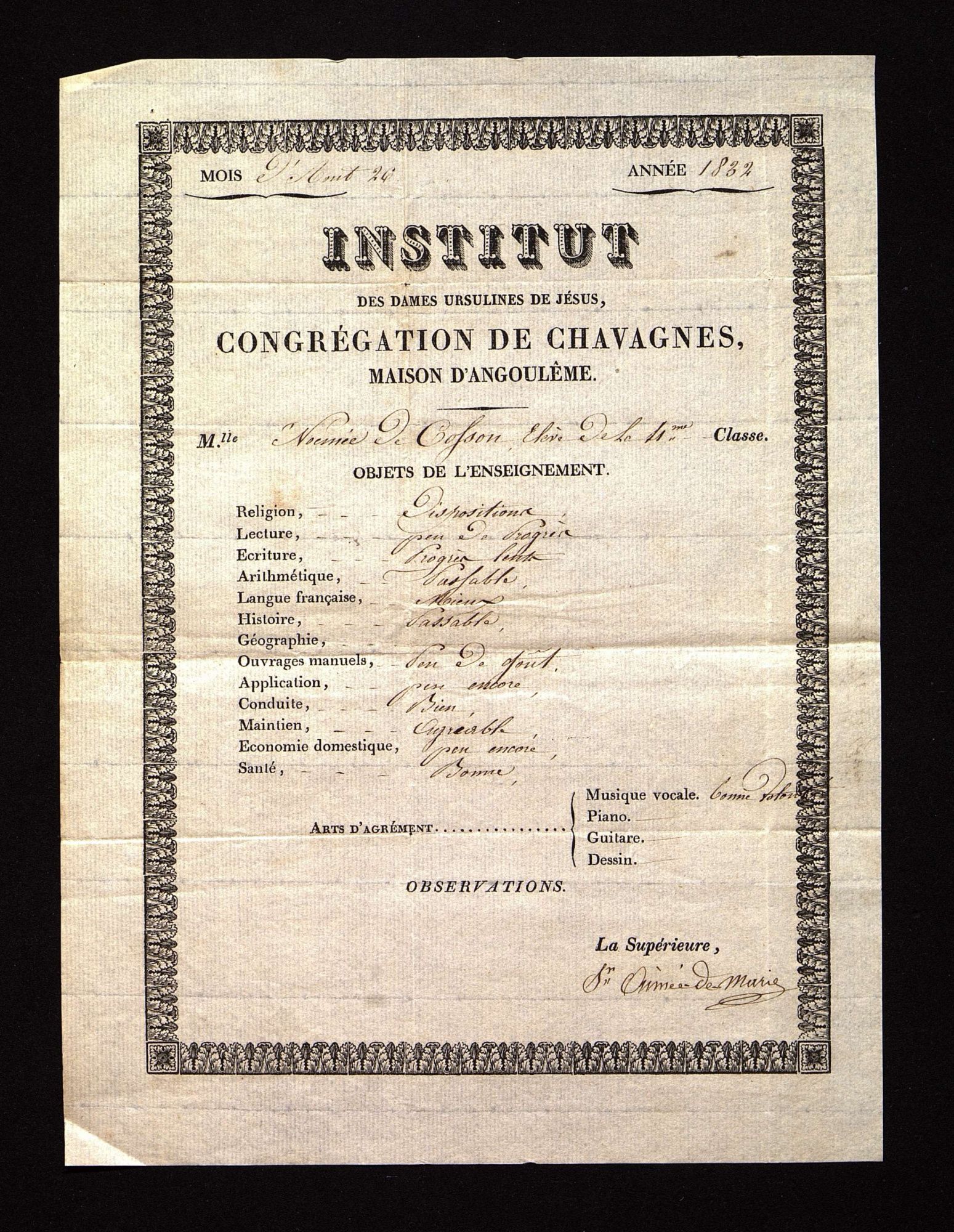 Bulletin d'appréciation de sa sœur Noémie (1832).