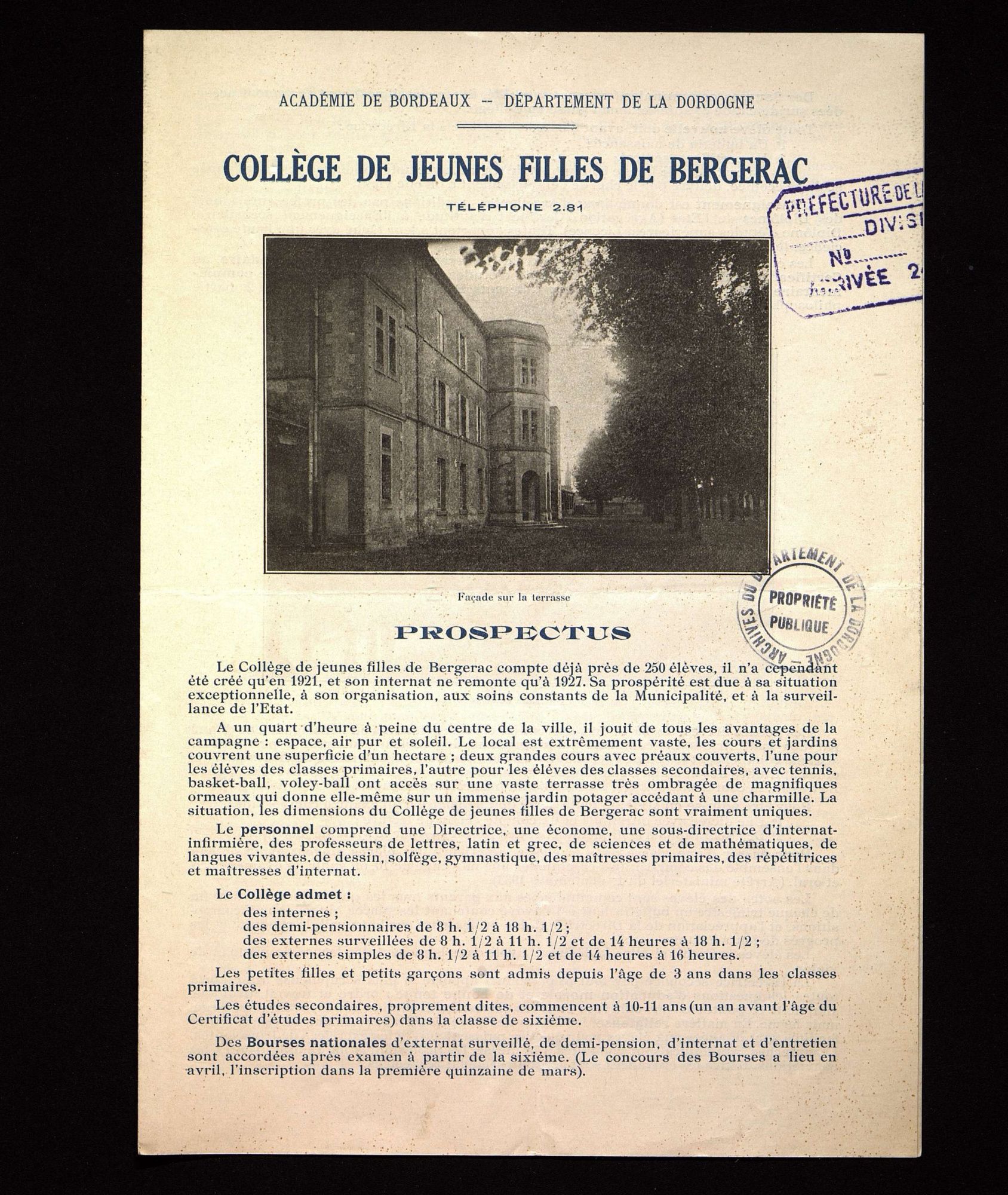 Collège de jeunes filles de Bargerac, prospectus (1925, 1932).