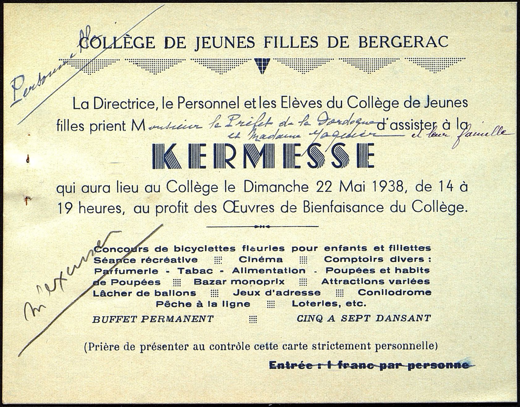 Invitation à la kermesse du collège le 22 mai 1938.