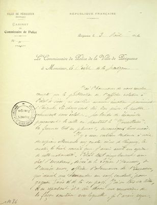 Rapport du Commissaire de Police de la Ville de Périgueux à M. le Préfet de la Dordogne, 3 août 1914.