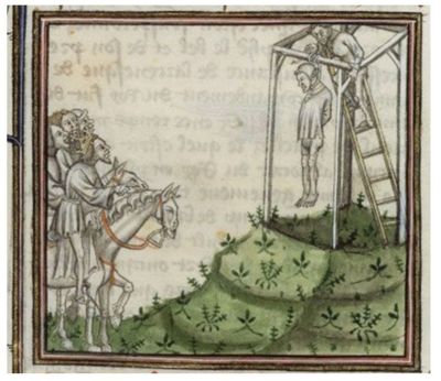 Pendaison dEnguerrand de Marigny, Paris, BnF, ms. Français 2606, Les Grandes Chroniques de France, f° 361v, manuscrit réalisé à Paris à la fin du XIVe siècle.