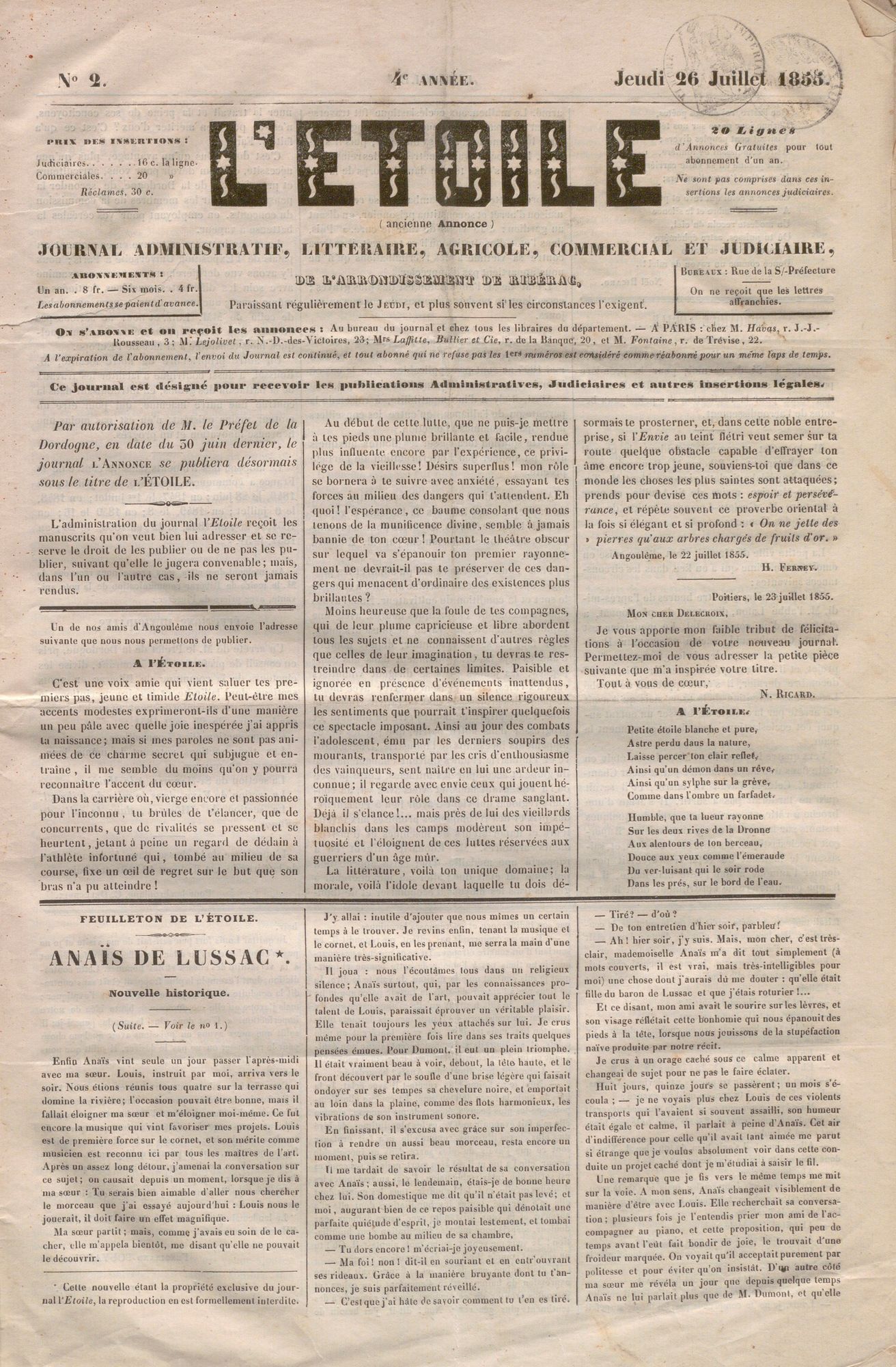L'Etoile, journal de l’arrondissement de Ribérac