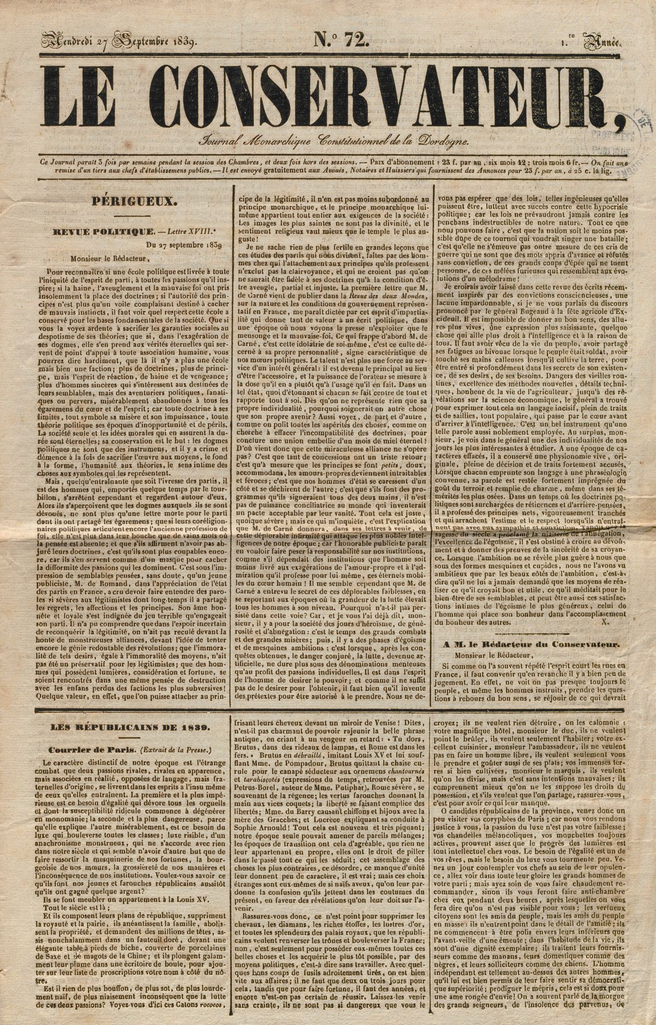 Le Conservateur : journal monarchique et constitutionnel de la Dordogne
