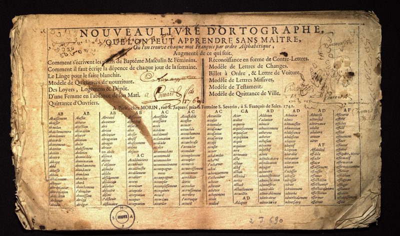 " Nouveau livre d'ortographe " (sic) appartenant à Pontard fils, impr., 1743.
