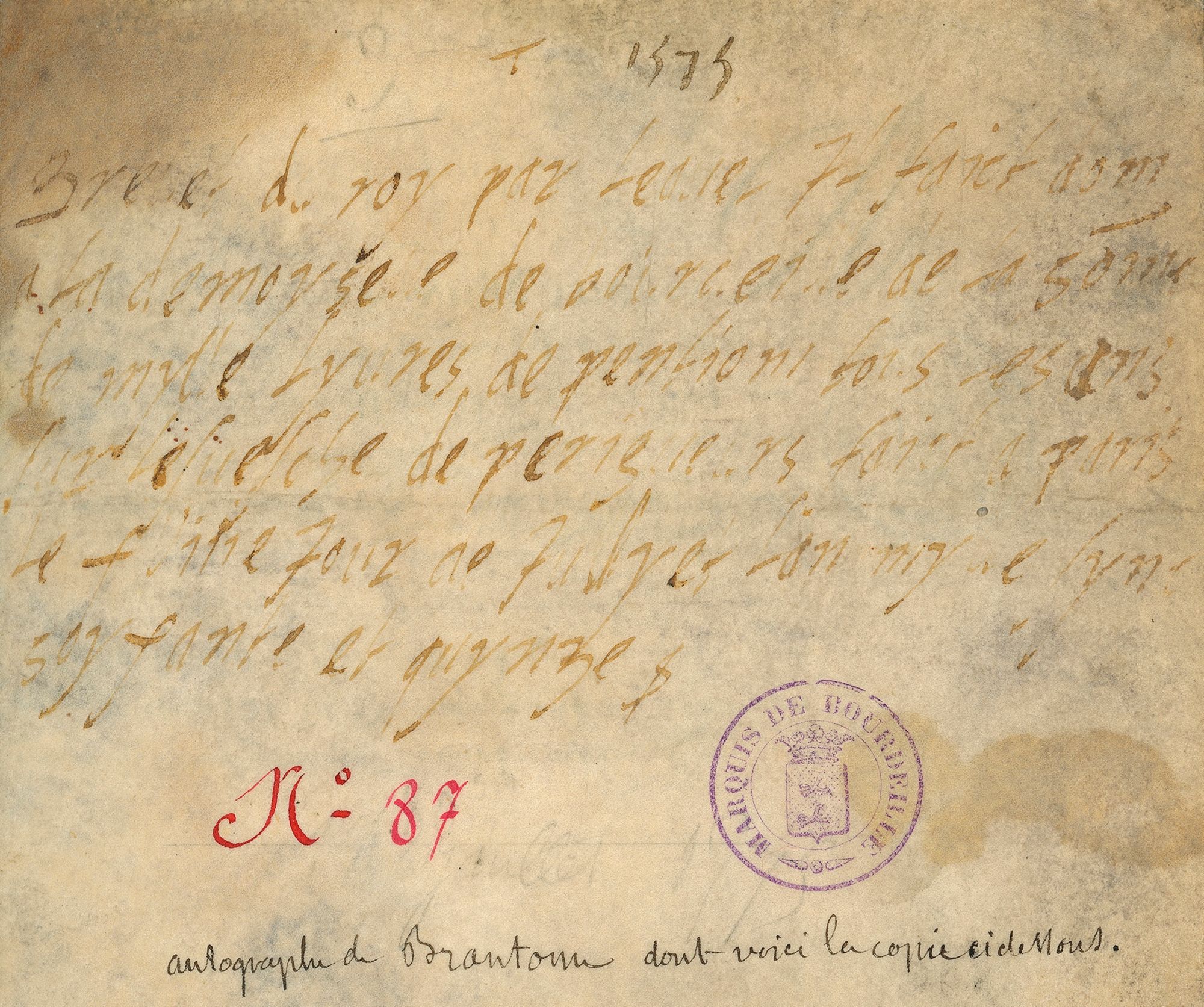 Annotation manuscrite du seigneur de Brantôme (J 2822)